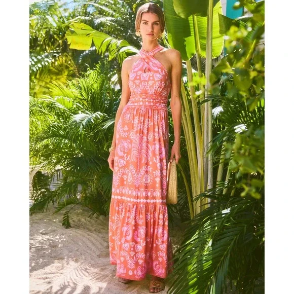 Lilly Pulitzer Montecito Mixed Print Cross Neck Maxi Halter Dress EUC Size XS - Picture 16 of 16